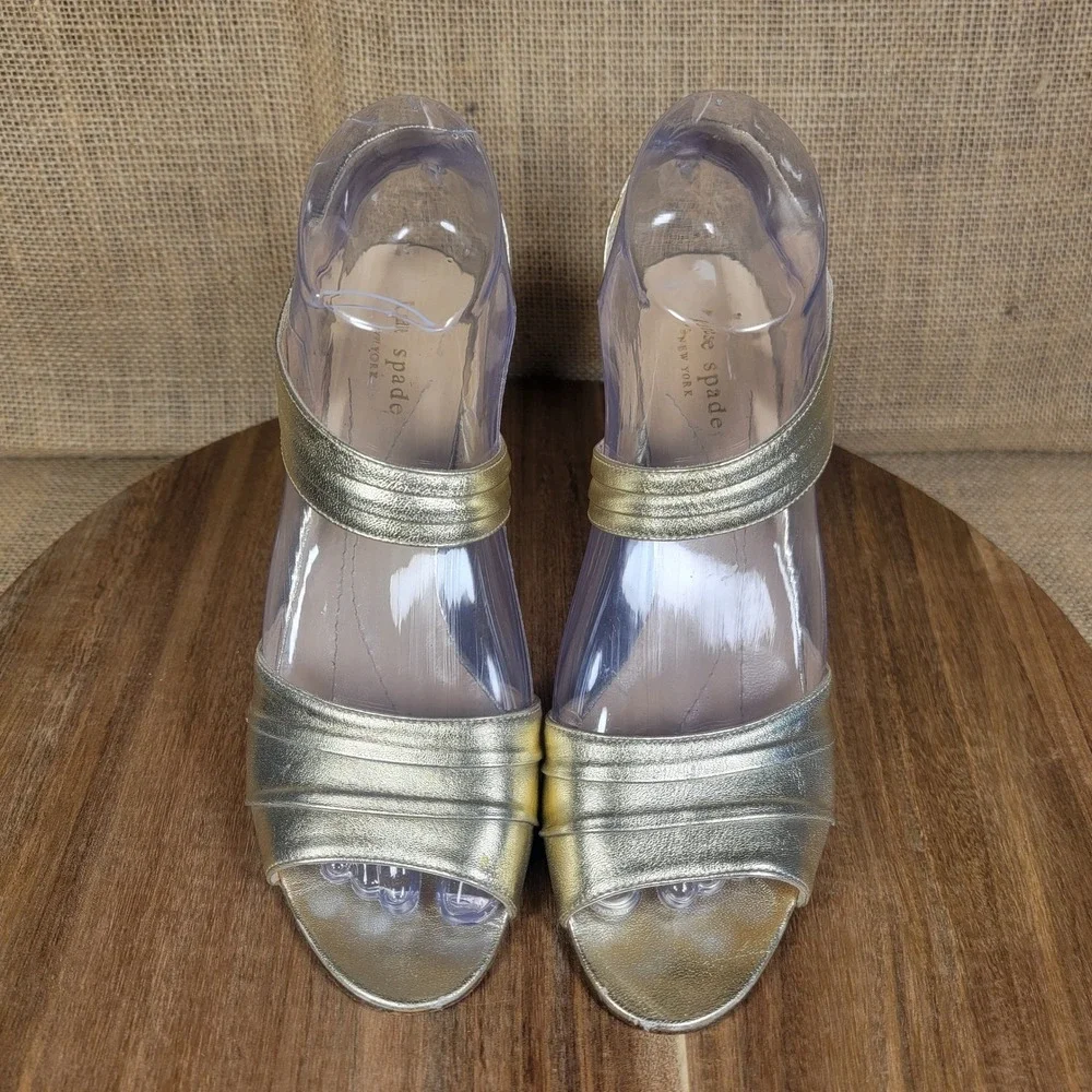 Kate Spade New York Heels Size 7‎ Gold Designer Strappy Peep Toe Made in Italy